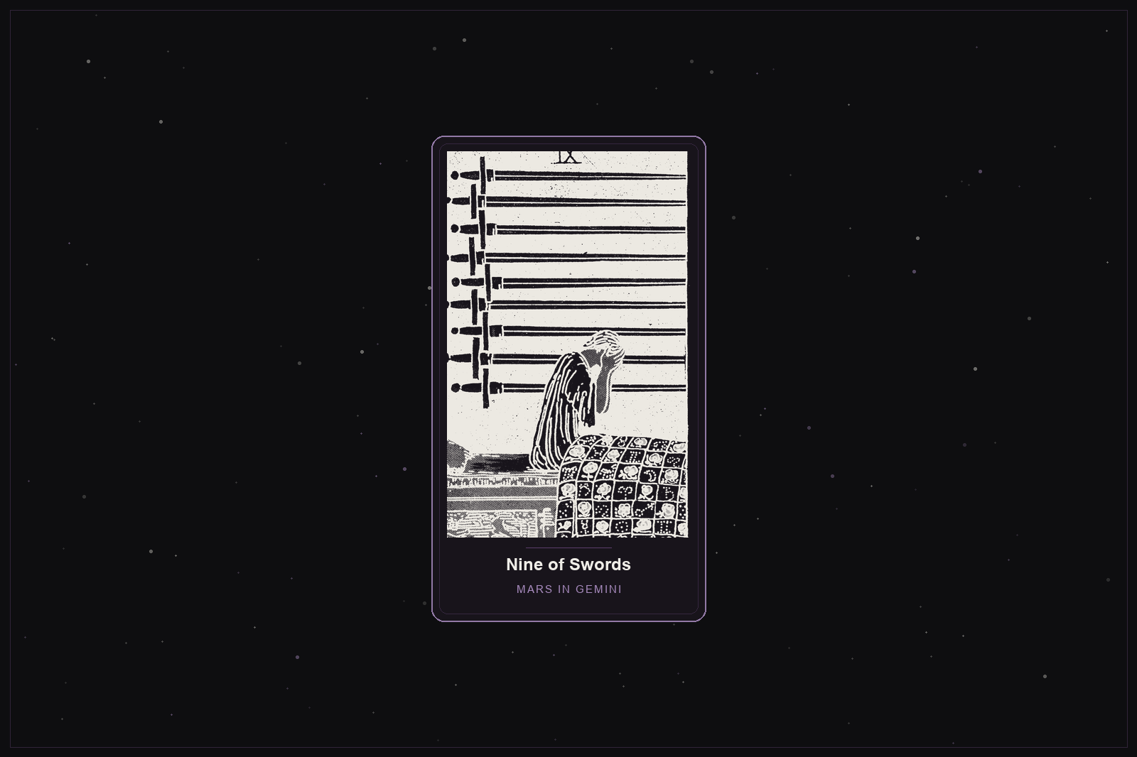 Nine of Swords tarot card in the Lunar Haus style: the classic Rider-Waite Nine of Swords, a figure sitting up in bed in distress, rendered as off-white outlines on a dark, starlit card with a plum frame