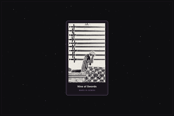 Nine of Swords tarot card in the Lunar Haus style: the classic Rider-Waite Nine of Swords, a figure sitting up in bed in distress, rendered as off-white outlines on a dark, starlit card with a plum frame