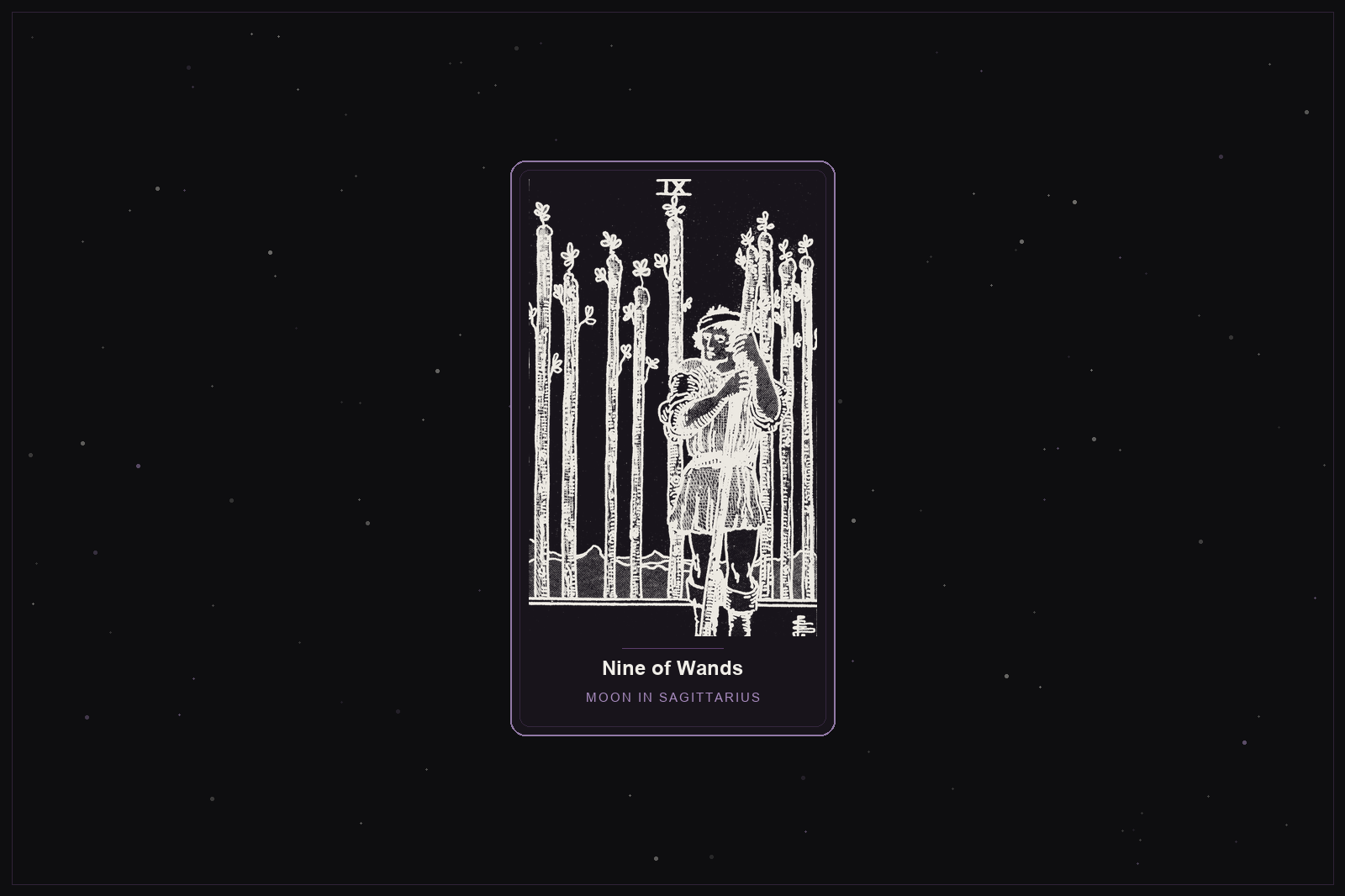 Nine of Wands tarot card in the Lunar Haus style: the classic Rider-Waite Nine of Wands, a wary figure leaning on a staff, rendered as off-white outlines on a dark, starlit card with a plum frame