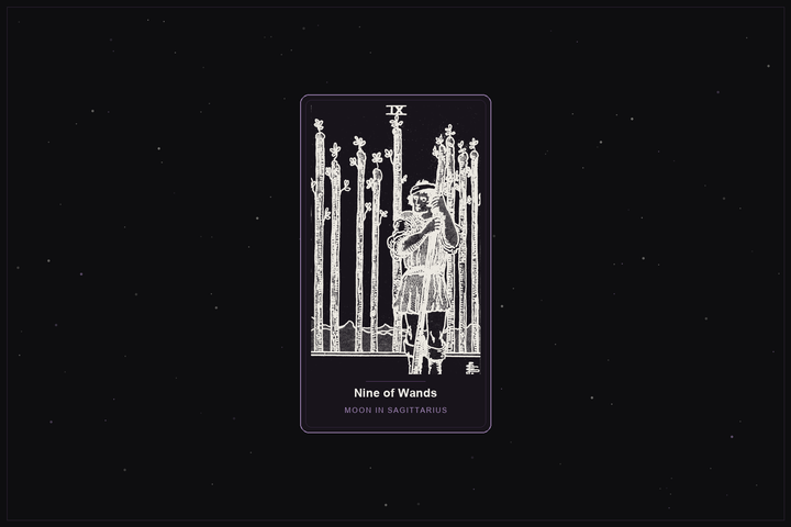 Nine of Wands tarot card in the Lunar Haus style: the classic Rider-Waite Nine of Wands, a wary figure leaning on a staff, rendered as off-white outlines on a dark, starlit card with a plum frame