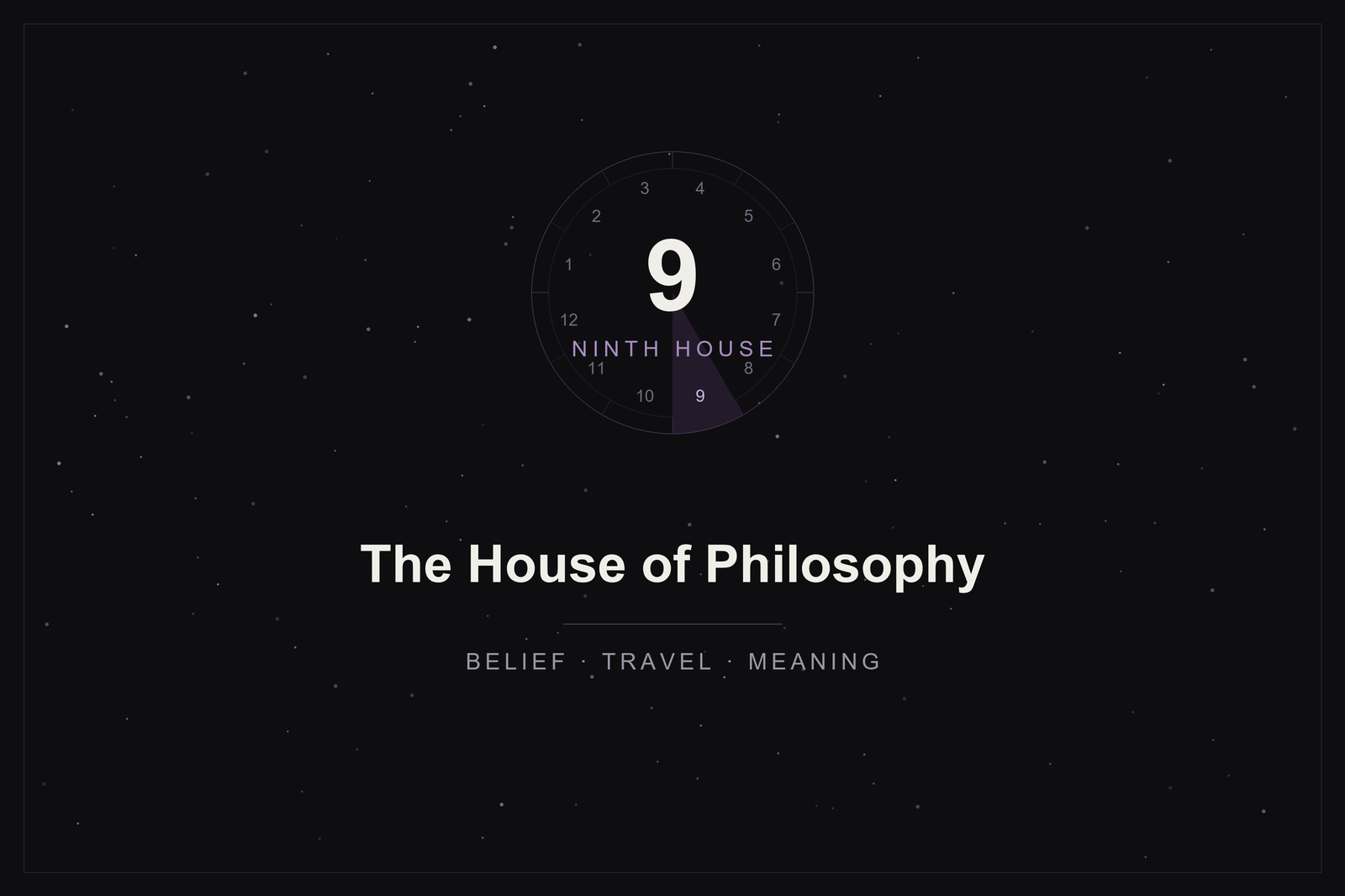 Ninth house in astrology: the house of philosophy highlighted in plum on a twelve-house wheel over a starlit sky