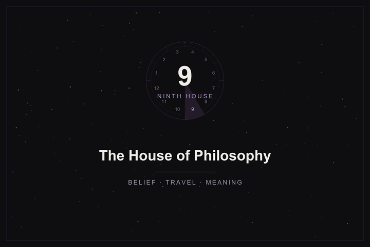Ninth house in astrology: the house of philosophy highlighted in plum on a twelve-house wheel over a starlit sky