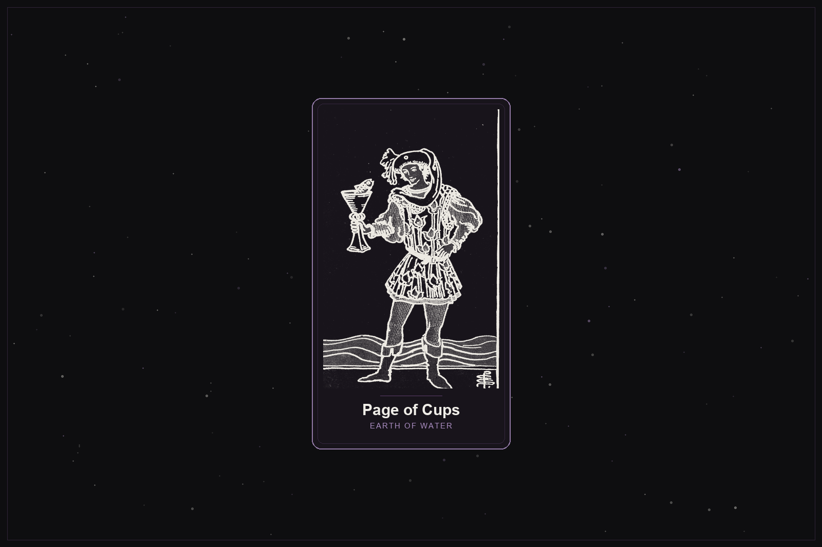 Page of Cups tarot card in the Lunar Haus style: the classic Rider-Waite Page of Cups with a fish rising from a cup, rendered as off-white outlines on a dark, starlit card with a plum frame
