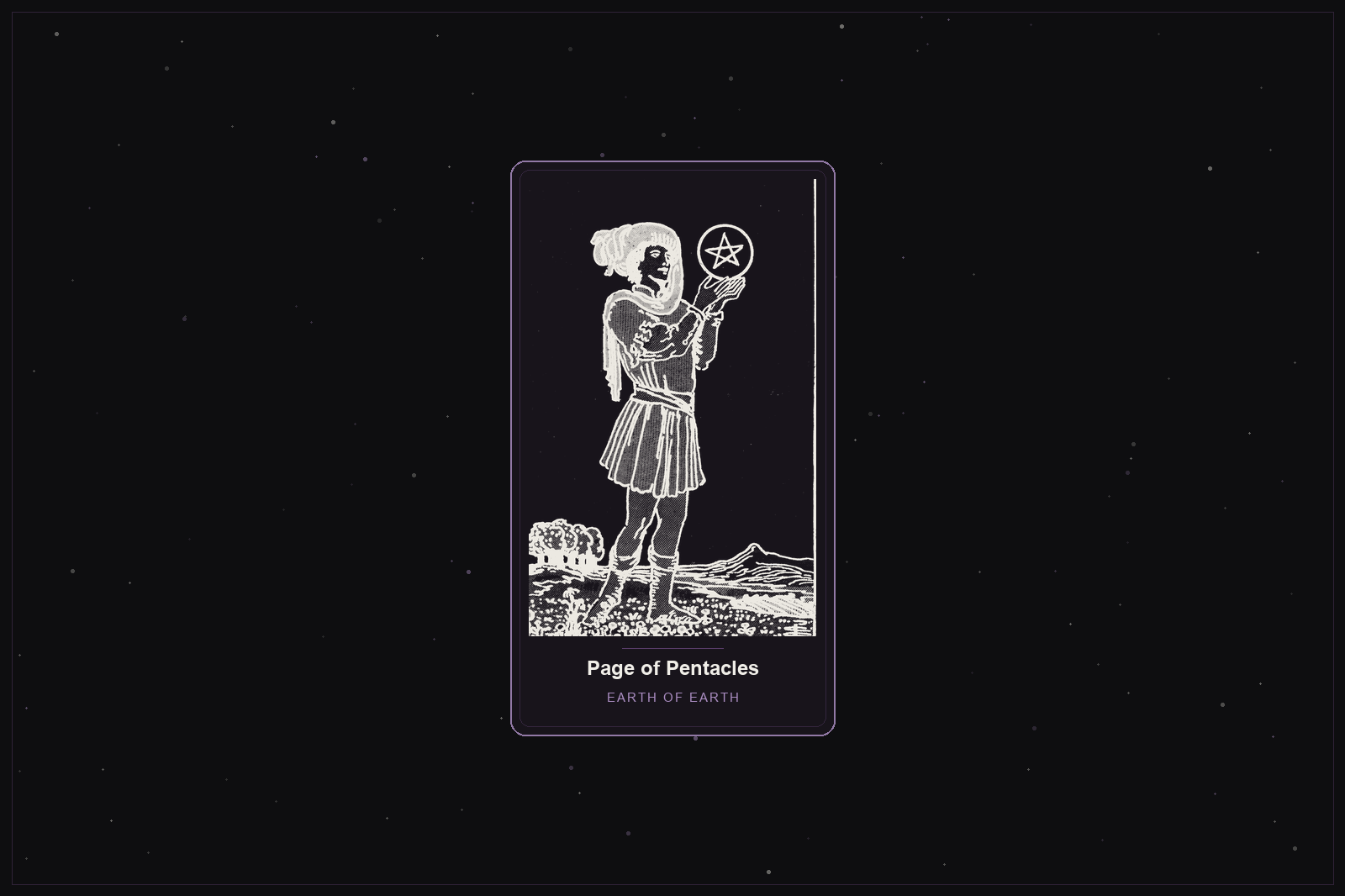 Page of Pentacles tarot card in the Lunar Haus style: the classic Rider-Waite Page of Pentacles gazing at a coin, rendered as off-white outlines on a dark, starlit card with a plum frame