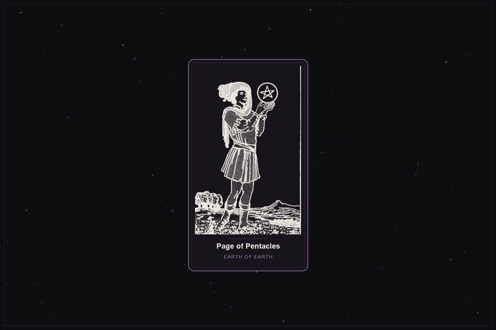Page of Pentacles tarot card in the Lunar Haus style: the classic Rider-Waite Page of Pentacles gazing at a coin, rendered as off-white outlines on a dark, starlit card with a plum frame