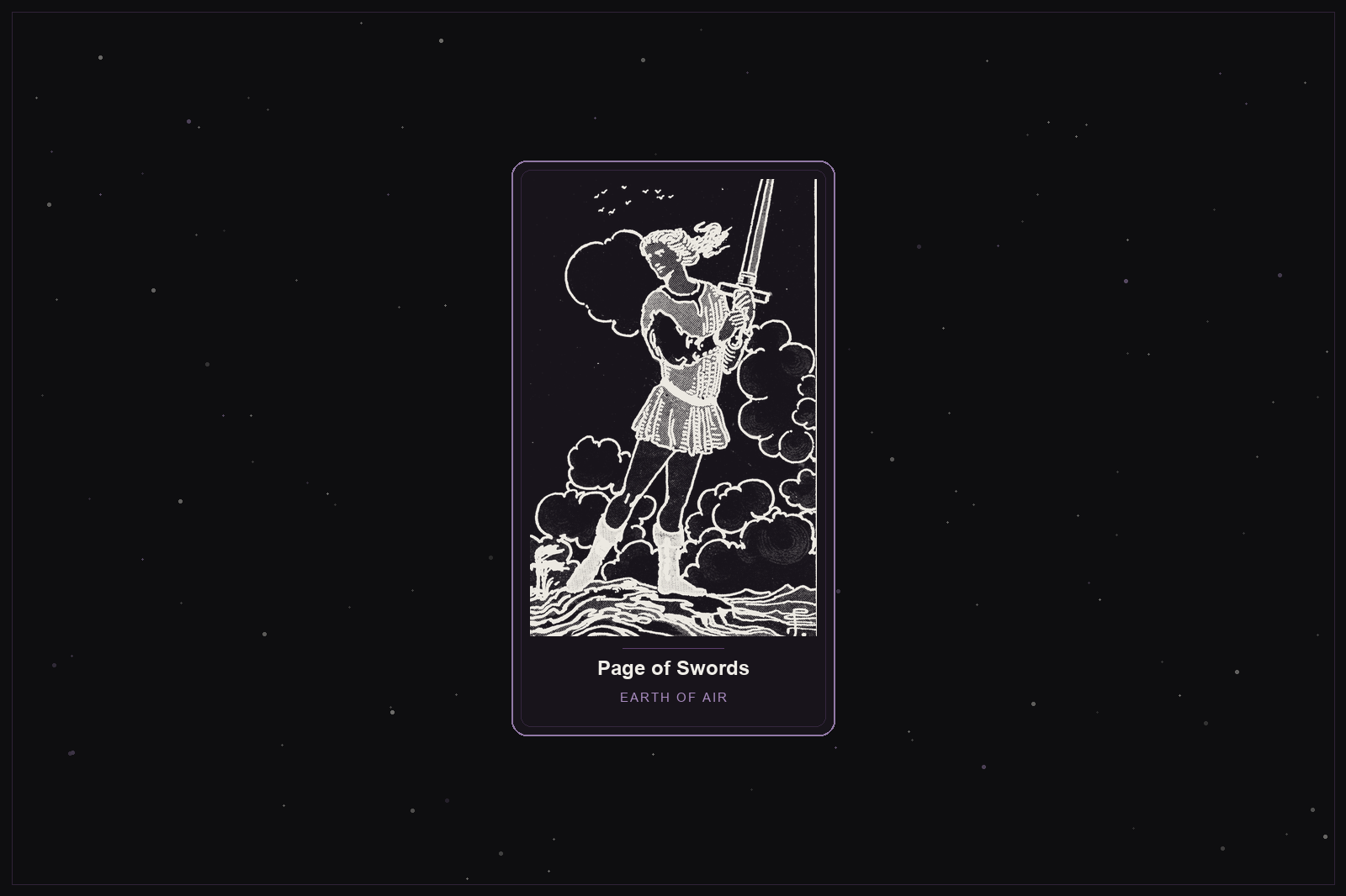 Page of Swords tarot card in the Lunar Haus style: the classic Rider-Waite Page of Swords holding a sword aloft, rendered as off-white outlines on a dark, starlit card with a plum frame
