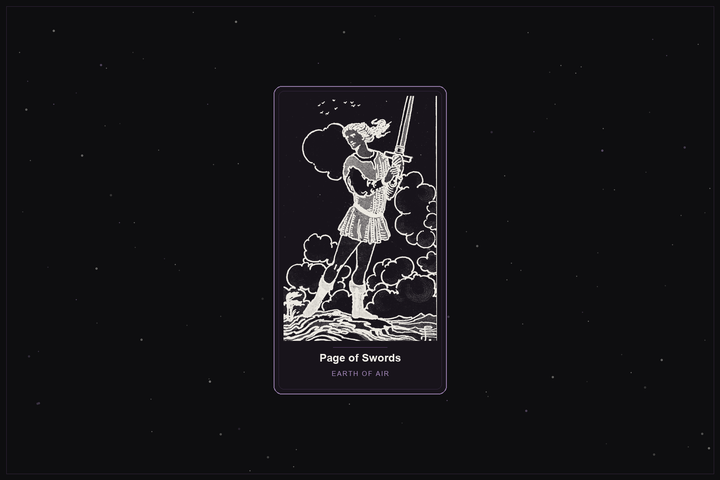 Page of Swords tarot card in the Lunar Haus style: the classic Rider-Waite Page of Swords holding a sword aloft, rendered as off-white outlines on a dark, starlit card with a plum frame