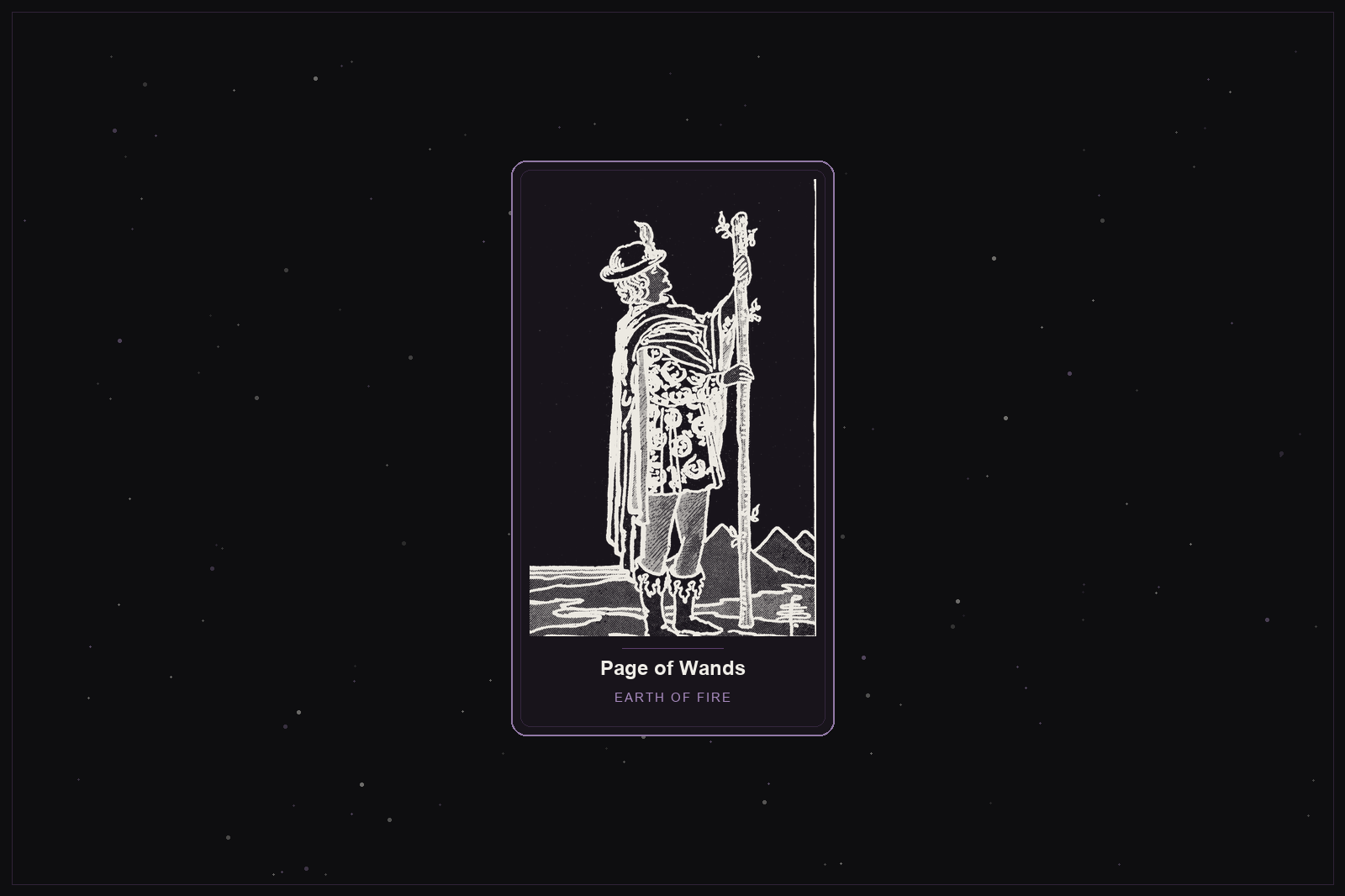 Page of Wands tarot card in the Lunar Haus style: the classic Rider-Waite Page of Wands, a youthful figure with a sprouting staff, rendered as off-white outlines on a dark, starlit card with a plum frame