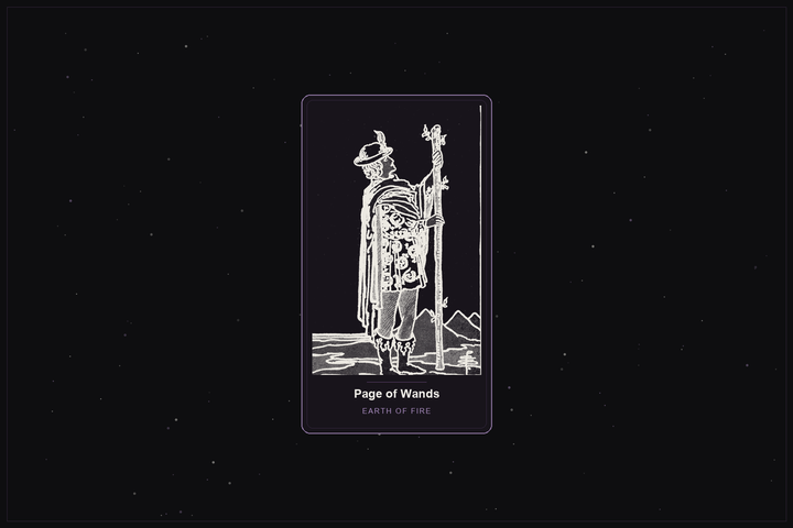 Page of Wands tarot card in the Lunar Haus style: the classic Rider-Waite Page of Wands, a youthful figure with a sprouting staff, rendered as off-white outlines on a dark, starlit card with a plum frame