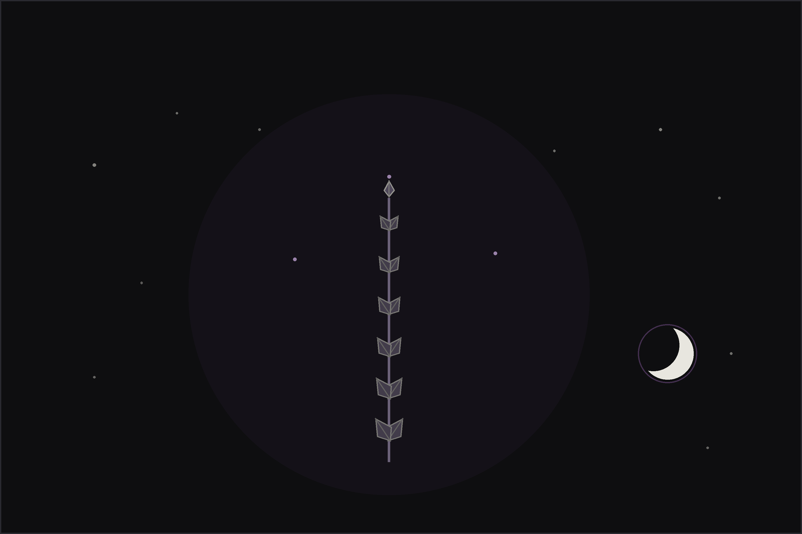 Peppermint meaning and uses: a crinkled peppermint sprig with mauve flowers beneath a crescent moon, in the Lunar Haus style
