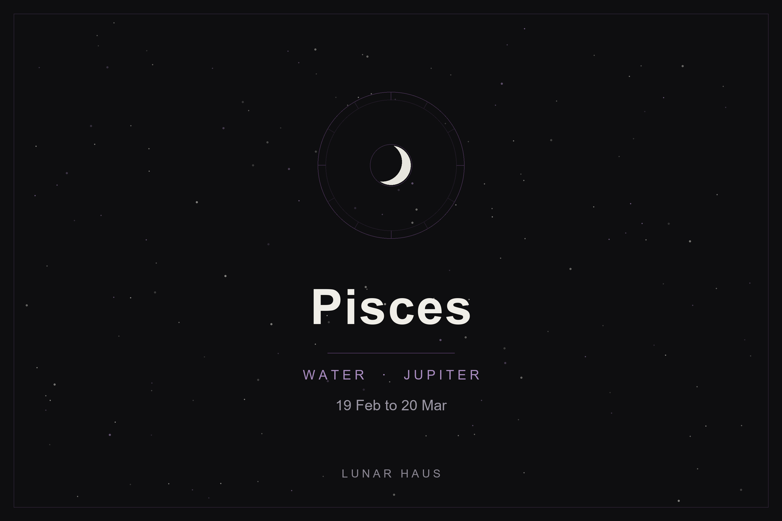 Pisces star sign: the fishes' zodiac wheel and a crescent moon over a dark, starlit sky