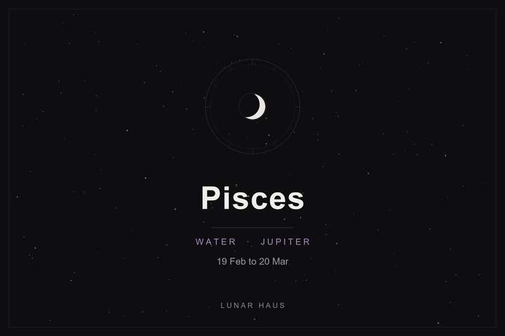 Pisces star sign: the fishes' zodiac wheel and a crescent moon over a dark, starlit sky