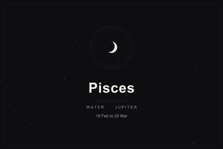 Pisces star sign: the fishes' zodiac wheel and a crescent moon over a dark, starlit sky