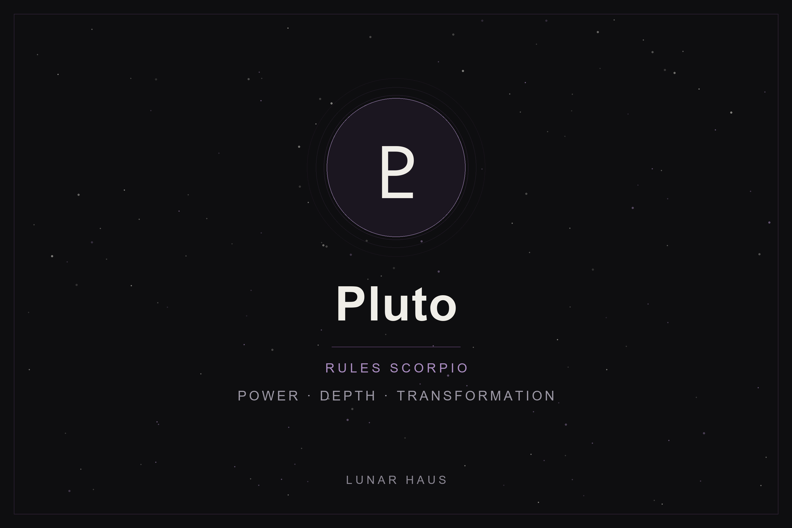 Pluto in astrology: the Pluto glyph in a plum-ringed disc on a dark, starlit sky