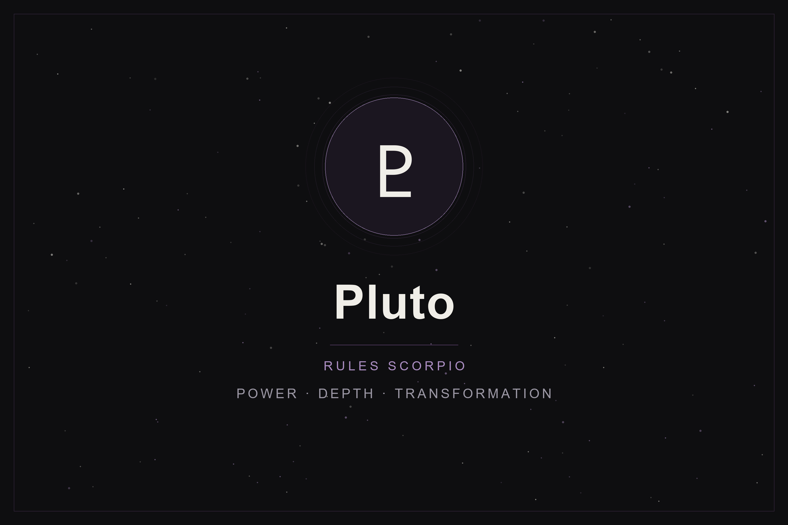 Pluto in astrology: the Pluto glyph in a plum-ringed disc on a dark, starlit sky