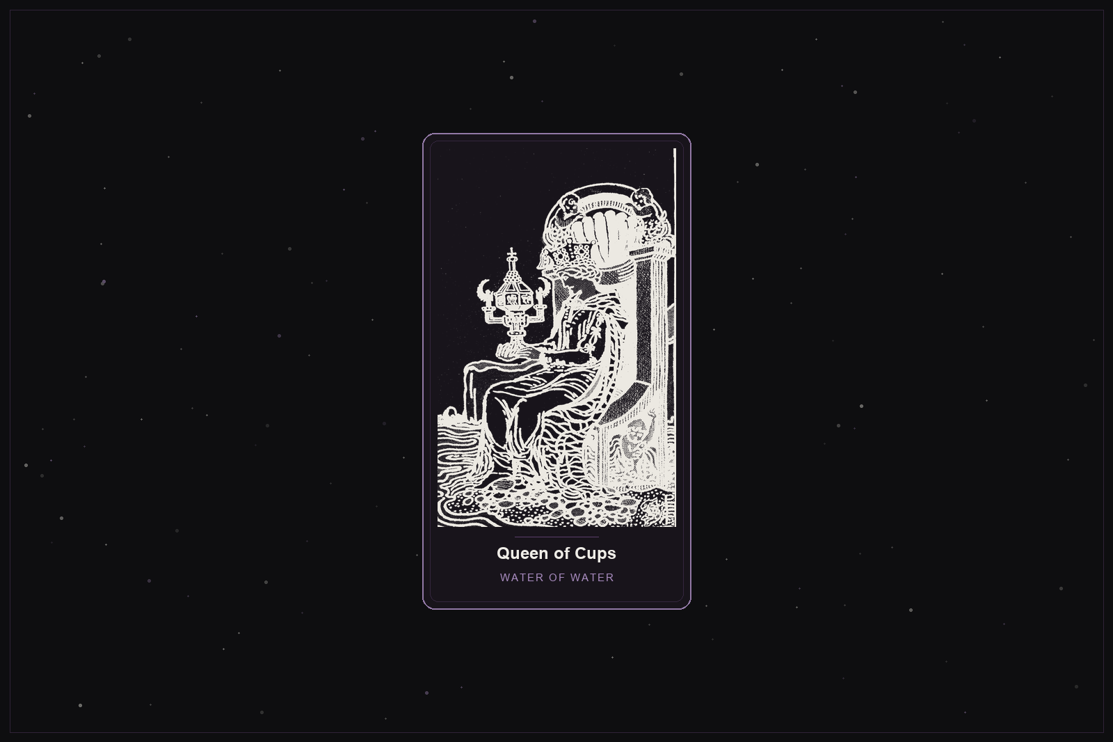 Queen of Cups tarot card in the Lunar Haus style: the classic Rider-Waite Queen of Cups gazing into an ornate cup, rendered as off-white outlines on a dark, starlit card with a plum frame