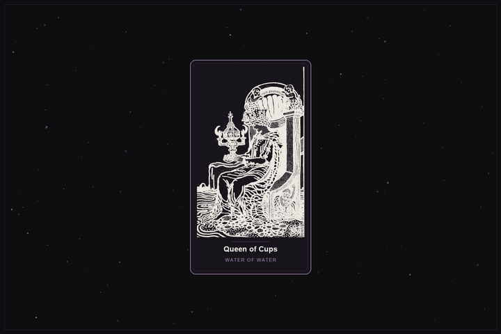 Queen of Cups tarot card in the Lunar Haus style: the classic Rider-Waite Queen of Cups gazing into an ornate cup, rendered as off-white outlines on a dark, starlit card with a plum frame