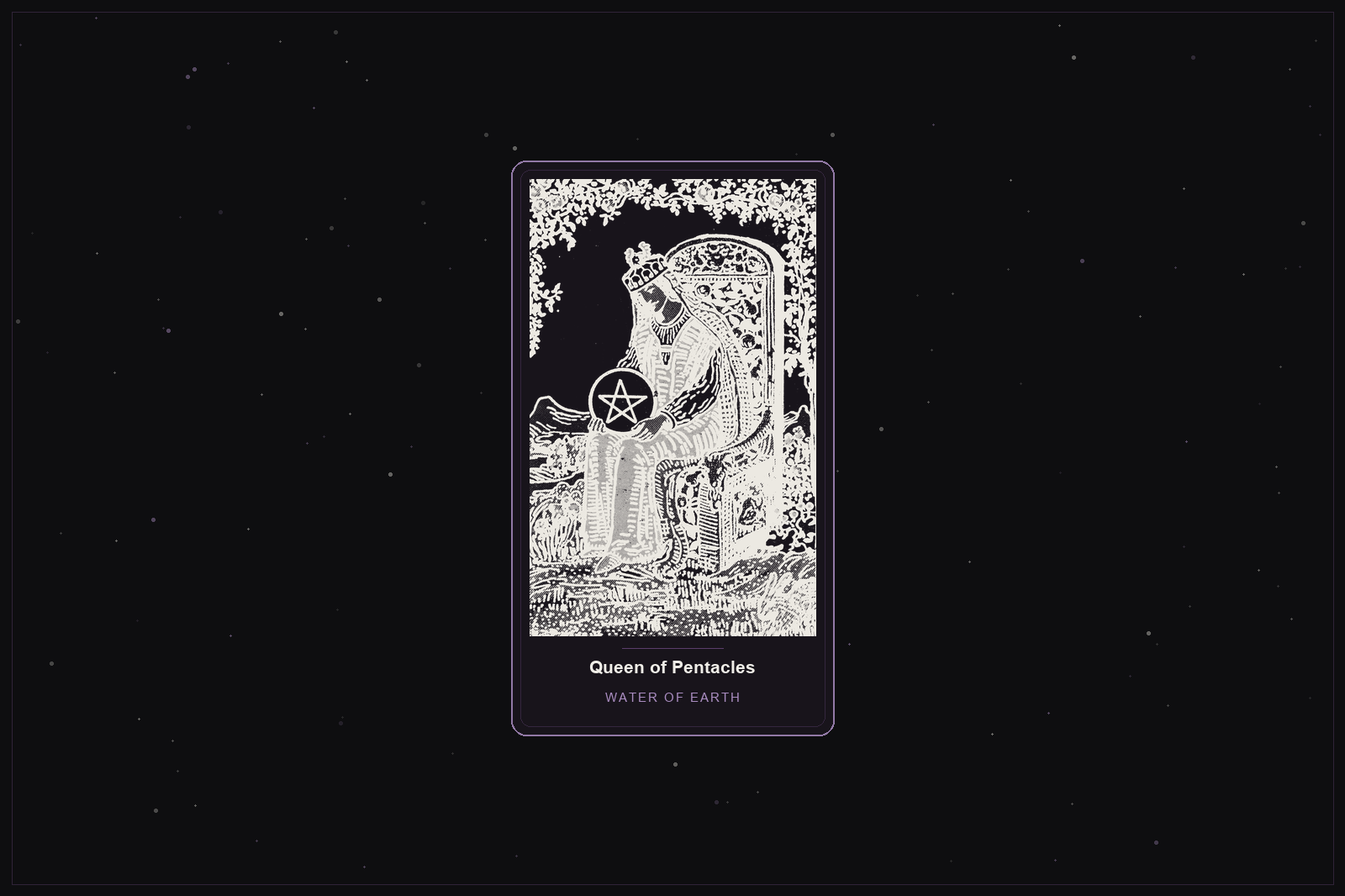 Queen of Pentacles tarot card in the Lunar Haus style: the classic Rider-Waite Queen of Pentacles cradling a coin in a lush garden, rendered as off-white outlines on a dark, starlit card with a plum frame