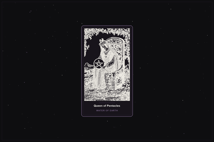 Queen of Pentacles tarot card in the Lunar Haus style: the classic Rider-Waite Queen of Pentacles cradling a coin in a lush garden, rendered as off-white outlines on a dark, starlit card with a plum frame