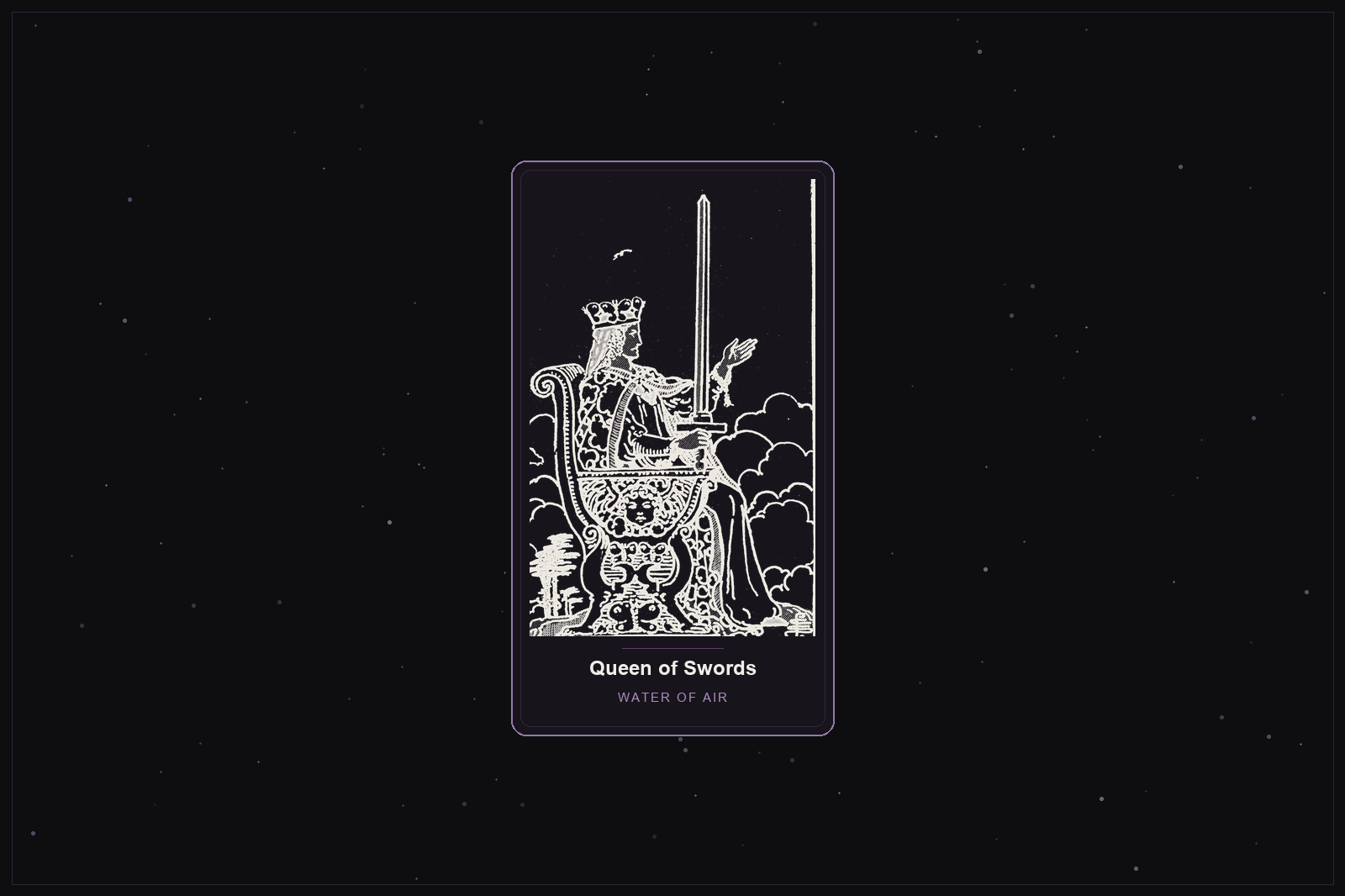 Queen of Swords tarot card in the Lunar Haus style: the classic Rider-Waite Queen of Swords with an upraised sword, rendered as off-white outlines on a dark, starlit card with a plum frame
