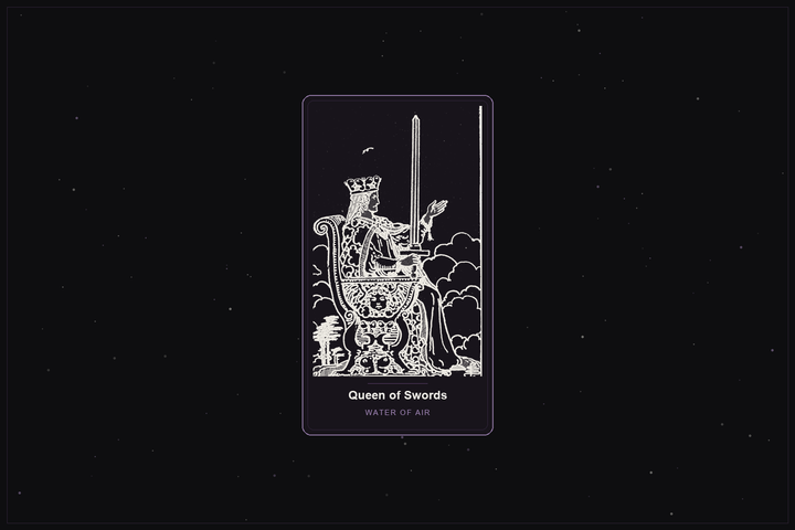 Queen of Swords tarot card in the Lunar Haus style: the classic Rider-Waite Queen of Swords with an upraised sword, rendered as off-white outlines on a dark, starlit card with a plum frame