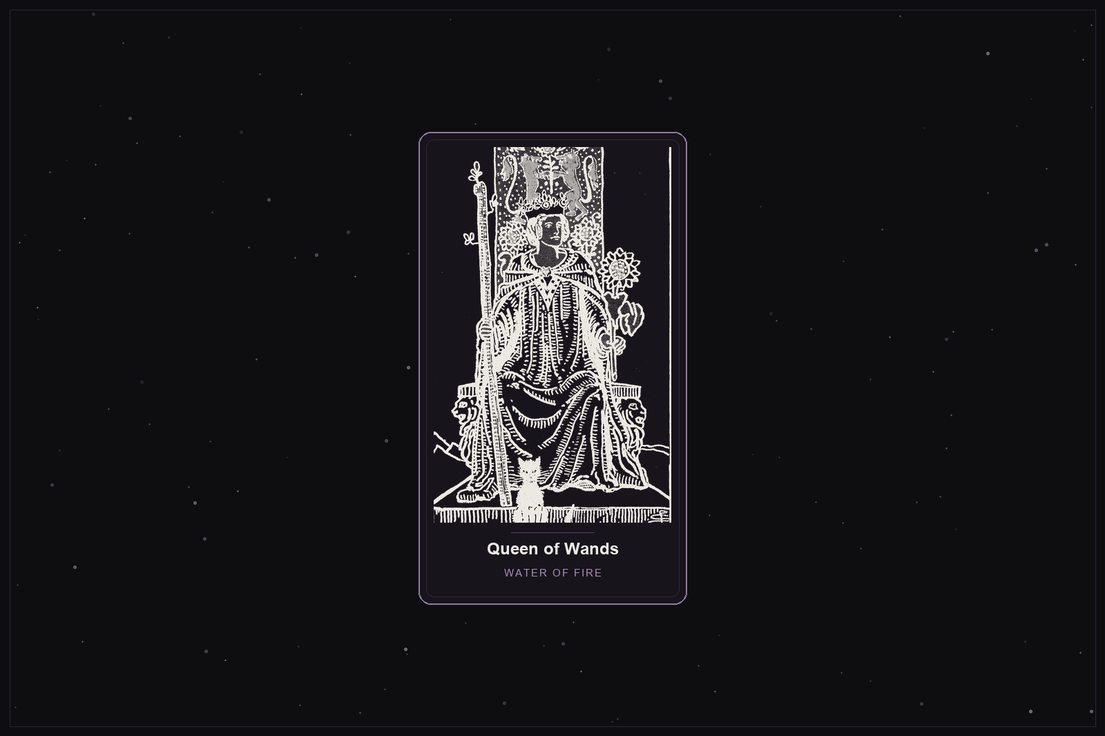 Queen of Wands tarot card in the Lunar Haus style: the classic Rider-Waite Queen of Wands with a staff and sunflower, rendered as off-white outlines on a dark, starlit card with a plum frame