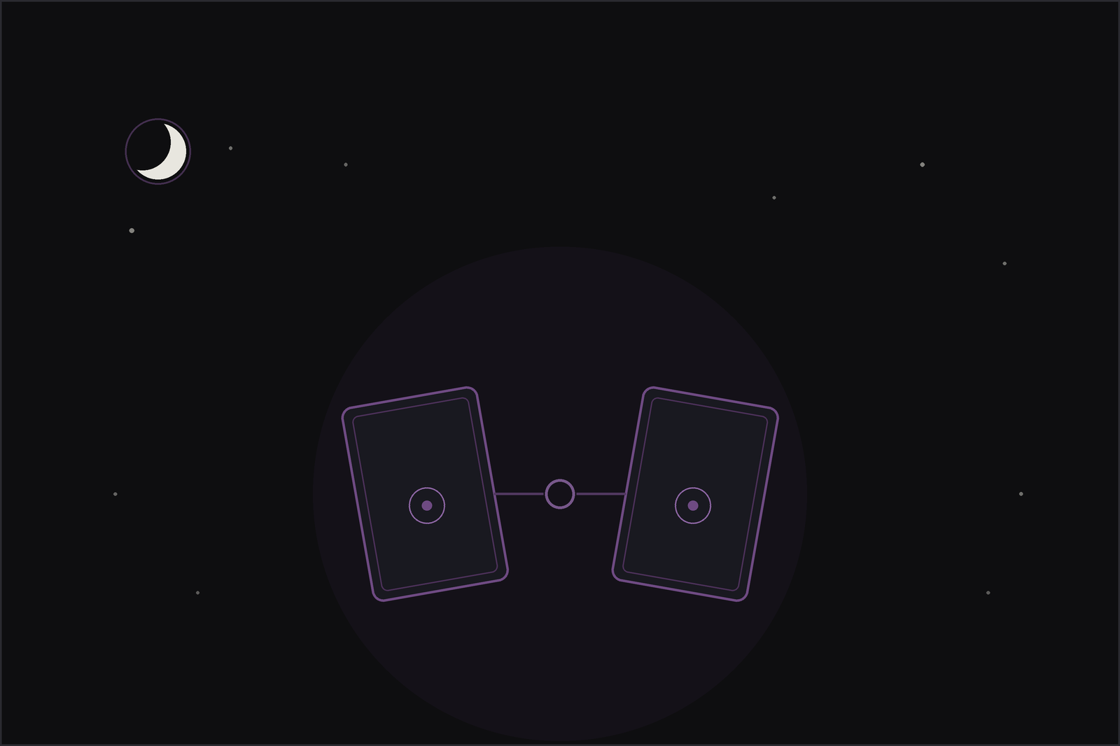 Relationship tarot spread: two tarot cards facing each other, joined at the connection, beneath a crescent moon