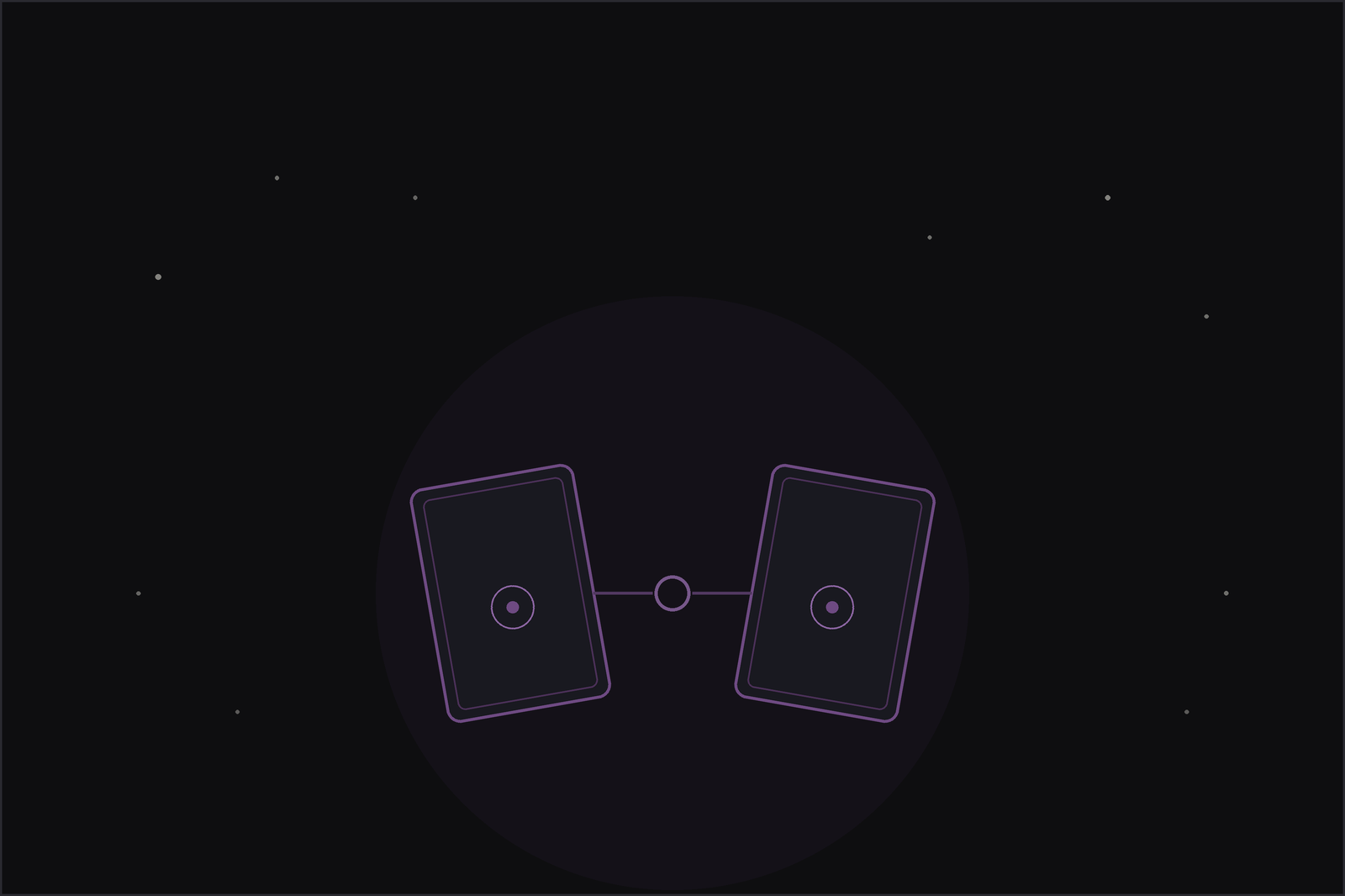 Relationship tarot spread: two tarot cards facing each other, joined at the connection, beneath a crescent moon