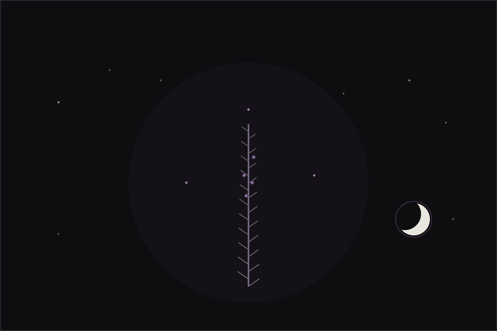 Rosemary meaning and uses: a needle-leaved rosemary sprig with pale flowers beneath a crescent moon, in the Lunar Haus style