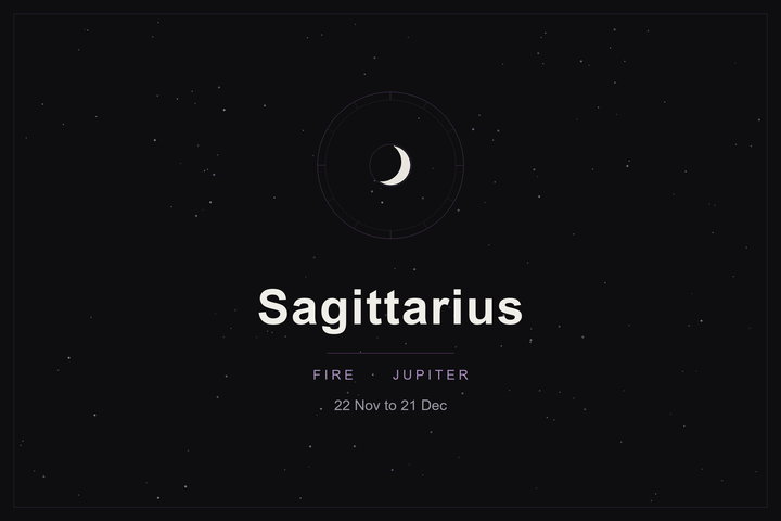 Sagittarius star sign: the archer's zodiac wheel and a crescent moon over a dark, starlit sky