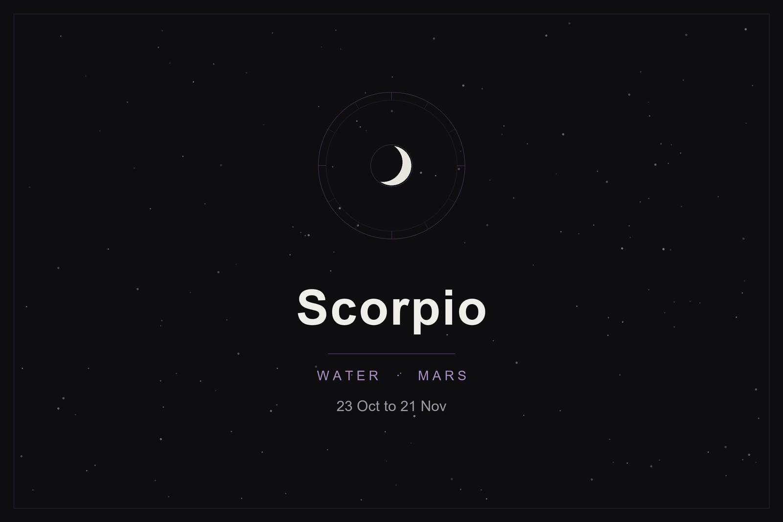 Scorpio star sign: the scorpion's zodiac wheel and a crescent moon over a dark, starlit sky
