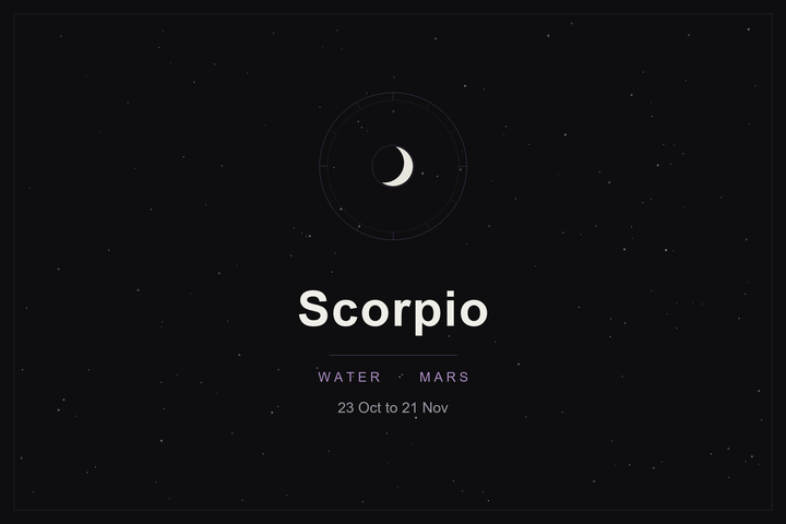 Scorpio star sign: the scorpion's zodiac wheel and a crescent moon over a dark, starlit sky