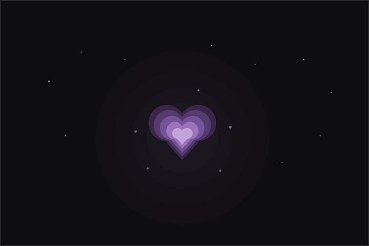 Self love rituals: a glowing plum heart radiating light beneath a crescent moon and stars