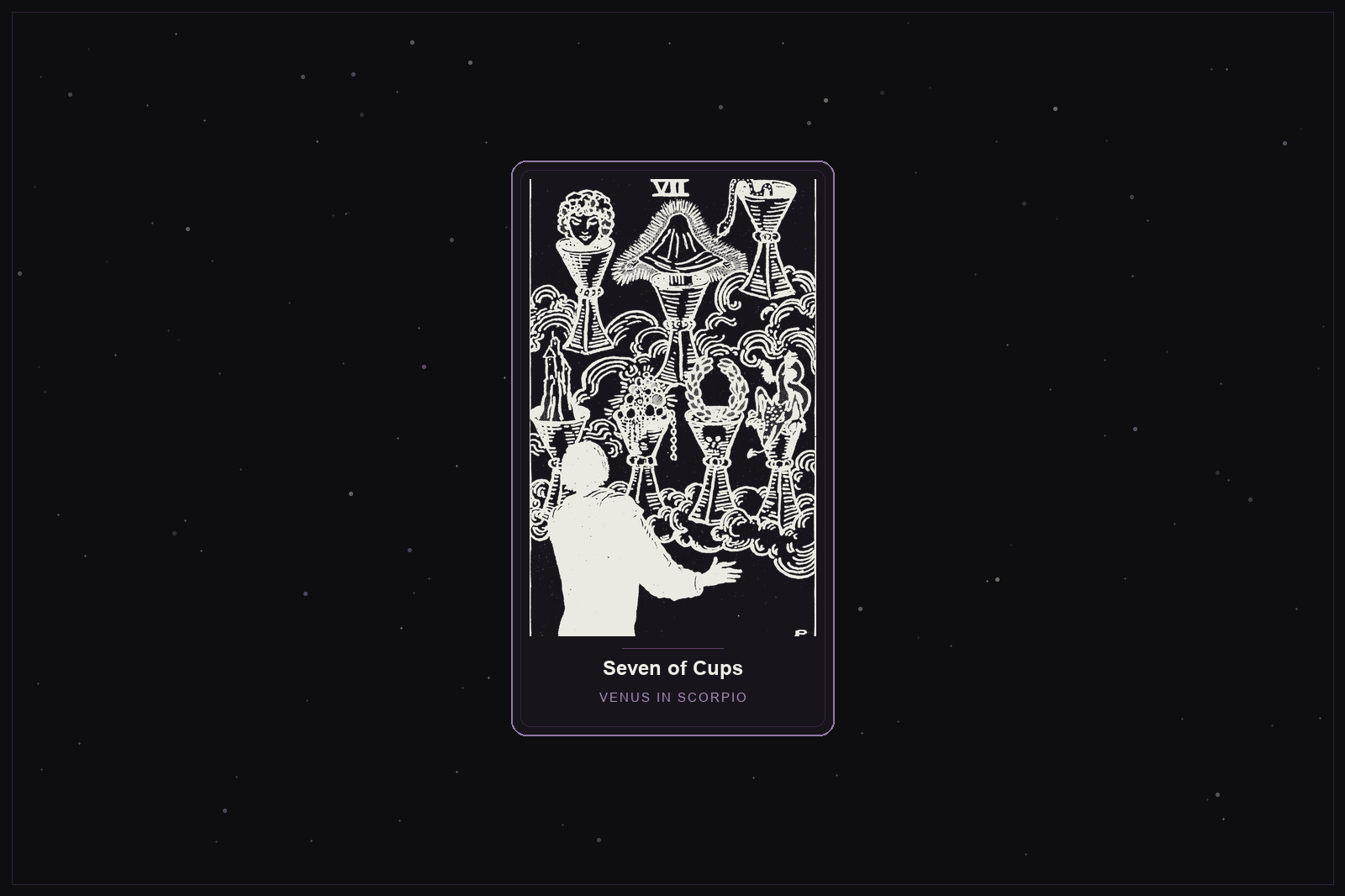 Seven of Cups tarot card in the Lunar Haus style: the classic Rider-Waite Seven of Cups, seven cups of visions in the clouds, rendered as off-white outlines on a dark, starlit card with a plum frame