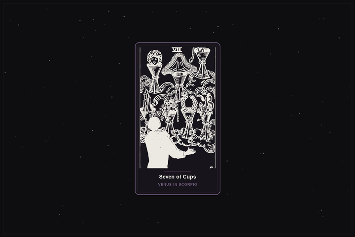 Seven of Cups tarot card in the Lunar Haus style: the classic Rider-Waite Seven of Cups, seven cups of visions in the clouds, rendered as off-white outlines on a dark, starlit card with a plum frame