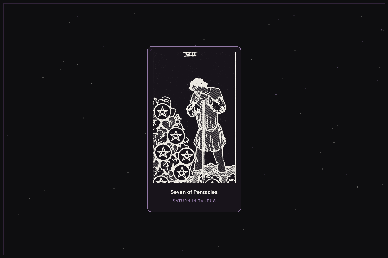Seven of Pentacles tarot card in the Lunar Haus style: the classic Rider-Waite Seven of Pentacles, a figure leaning on a staff regarding his crop, rendered as off-white outlines on a dark, starlit card with a plum frame