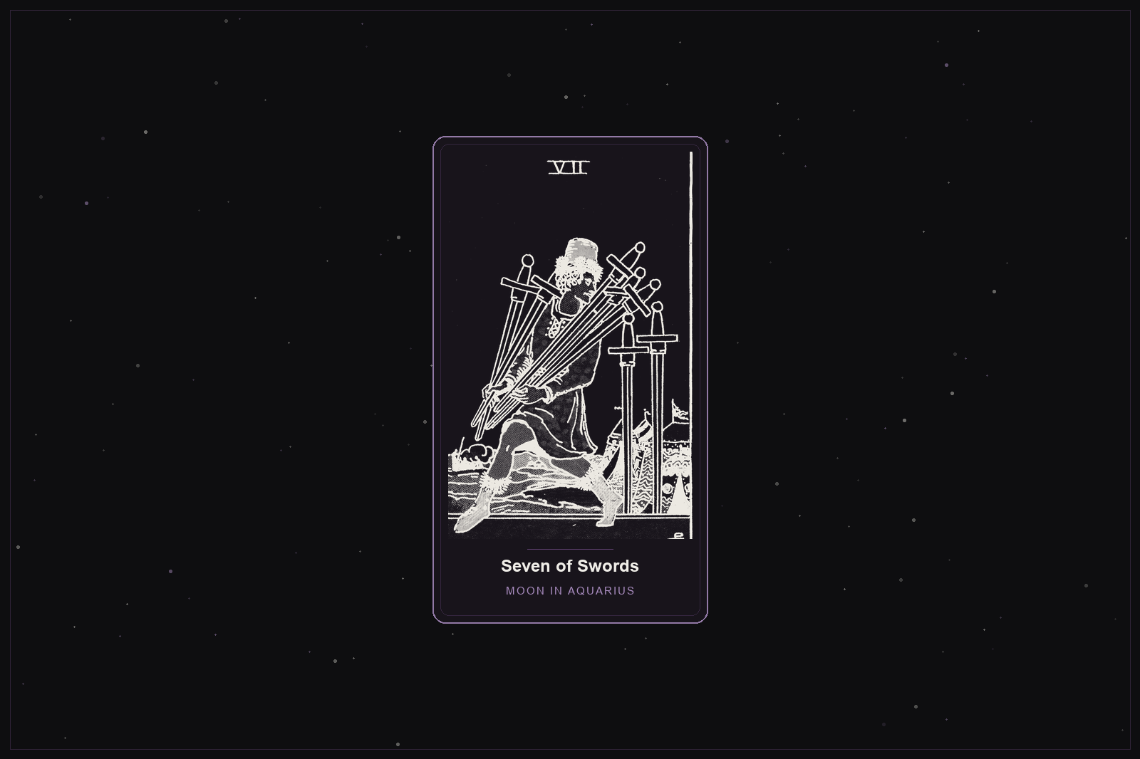Seven of Swords tarot card in the Lunar Haus style: the classic Rider-Waite Seven of Swords, a figure sneaking away with swords, rendered as off-white outlines on a dark, starlit card with a plum frame