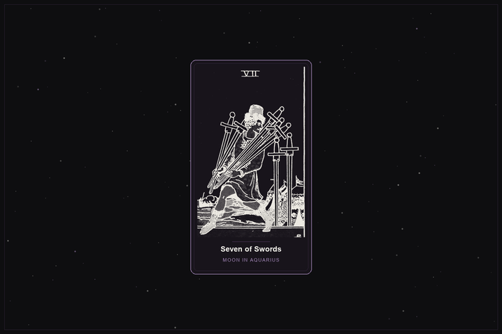 Seven of Swords tarot card in the Lunar Haus style: the classic Rider-Waite Seven of Swords, a figure sneaking away with swords, rendered as off-white outlines on a dark, starlit card with a plum frame