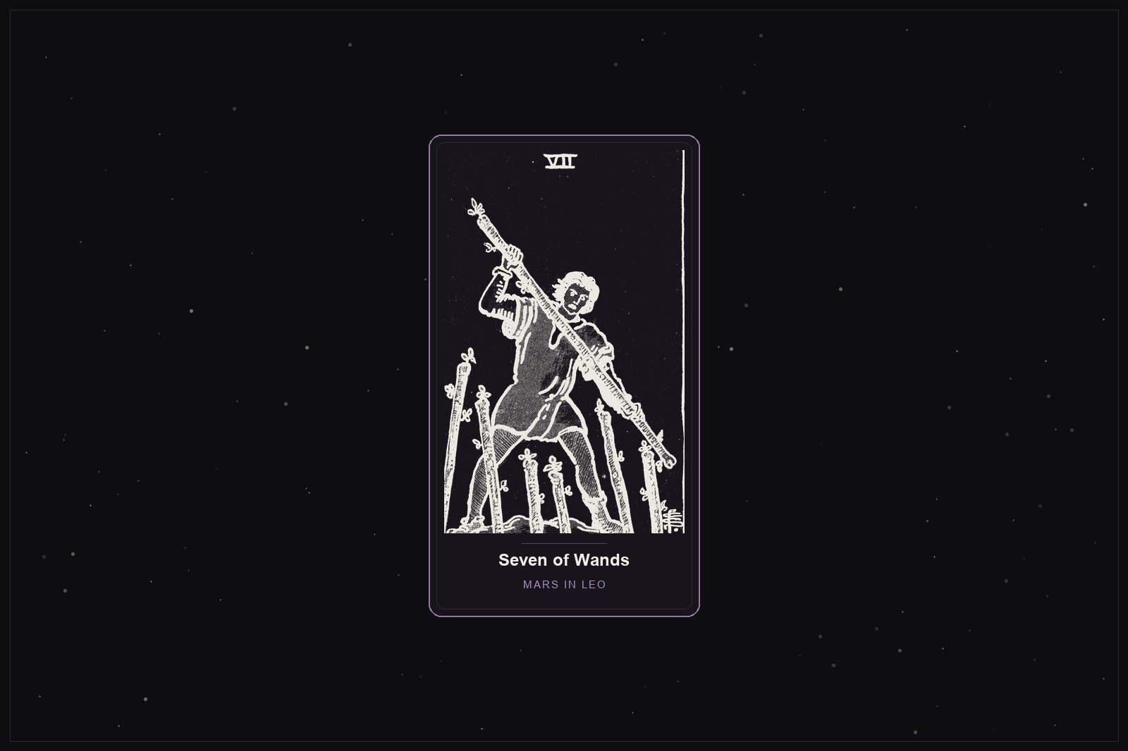 Seven of Wands tarot card in the Lunar Haus style: the classic Rider-Waite Seven of Wands, a figure defending high ground, rendered as off-white outlines on a dark, starlit card with a plum frame