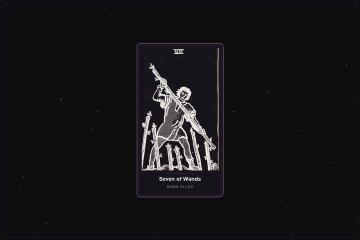 Seven of Wands tarot card in the Lunar Haus style: the classic Rider-Waite Seven of Wands, a figure defending high ground, rendered as off-white outlines on a dark, starlit card with a plum frame