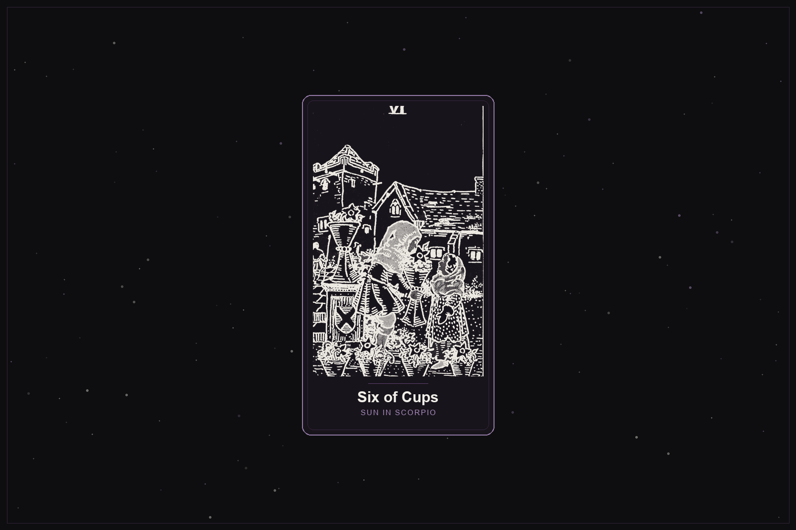 Six of Cups tarot card in the Lunar Haus style: the classic Rider-Waite Six of Cups, children with flower-filled cups, rendered as off-white outlines on a dark, starlit card with a plum frame