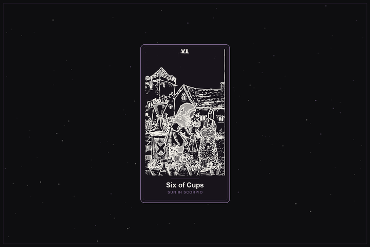 Six of Cups tarot card in the Lunar Haus style: the classic Rider-Waite Six of Cups, children with flower-filled cups, rendered as off-white outlines on a dark, starlit card with a plum frame