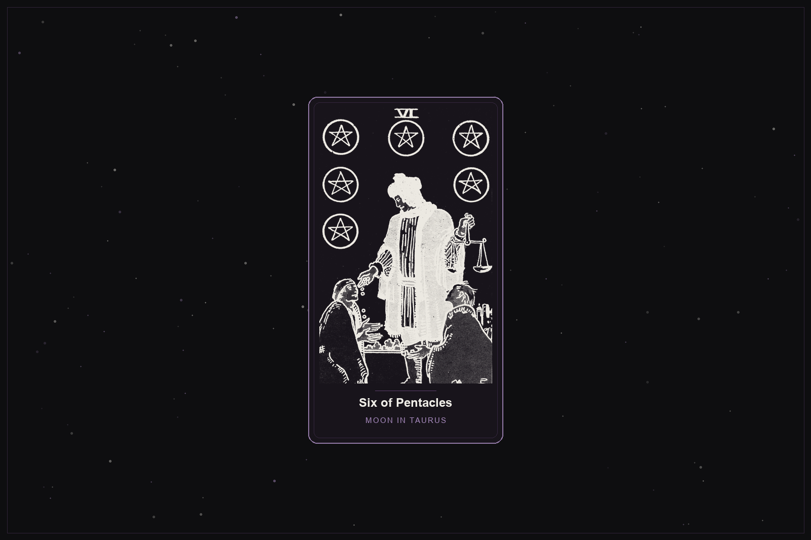 Six of Pentacles tarot card in the Lunar Haus style: the classic Rider-Waite Six of Pentacles, a merchant weighing coins and giving alms, rendered as off-white outlines on a dark, starlit card with a plum frame