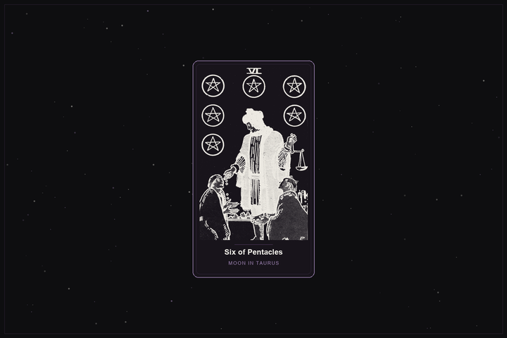 Six of Pentacles tarot card in the Lunar Haus style: the classic Rider-Waite Six of Pentacles, a merchant weighing coins and giving alms, rendered as off-white outlines on a dark, starlit card with a plum frame