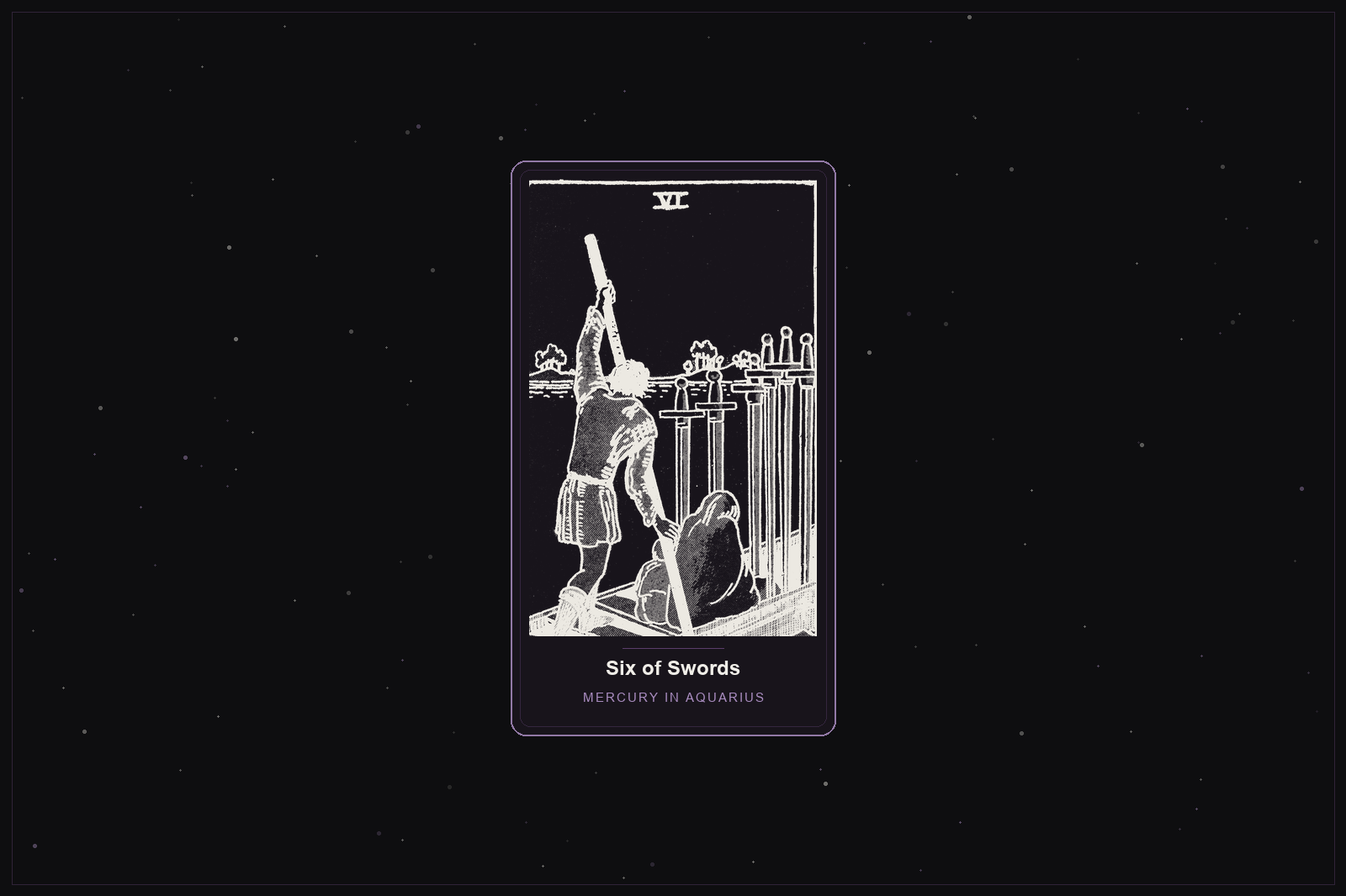 Six of Swords tarot card in the Lunar Haus style: the classic Rider-Waite Six of Swords, a ferry crossing calm water, rendered as off-white outlines on a dark, starlit card with a plum frame