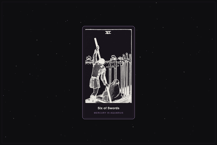 Six of Swords tarot card in the Lunar Haus style: the classic Rider-Waite Six of Swords, a ferry crossing calm water, rendered as off-white outlines on a dark, starlit card with a plum frame