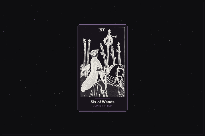 Six of Wands tarot card in the Lunar Haus style: the classic Rider-Waite Six of Wands, a laurelled horseman, rendered as off-white outlines on a dark, starlit card with a plum frame