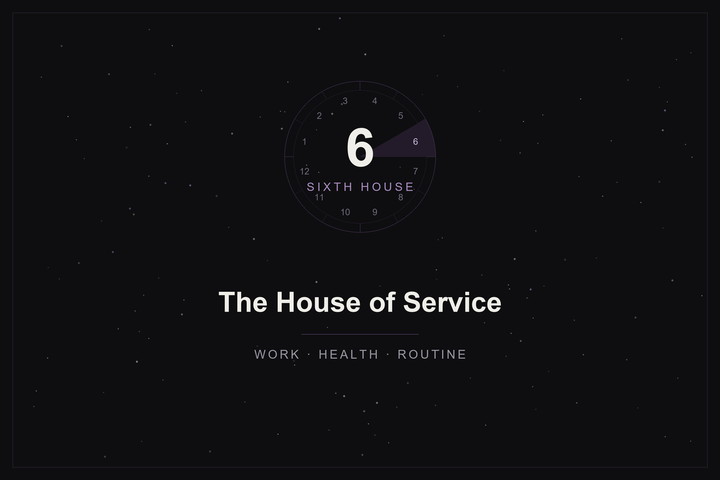 Sixth house in astrology: the house of service highlighted in plum on a twelve-house wheel over a starlit sky