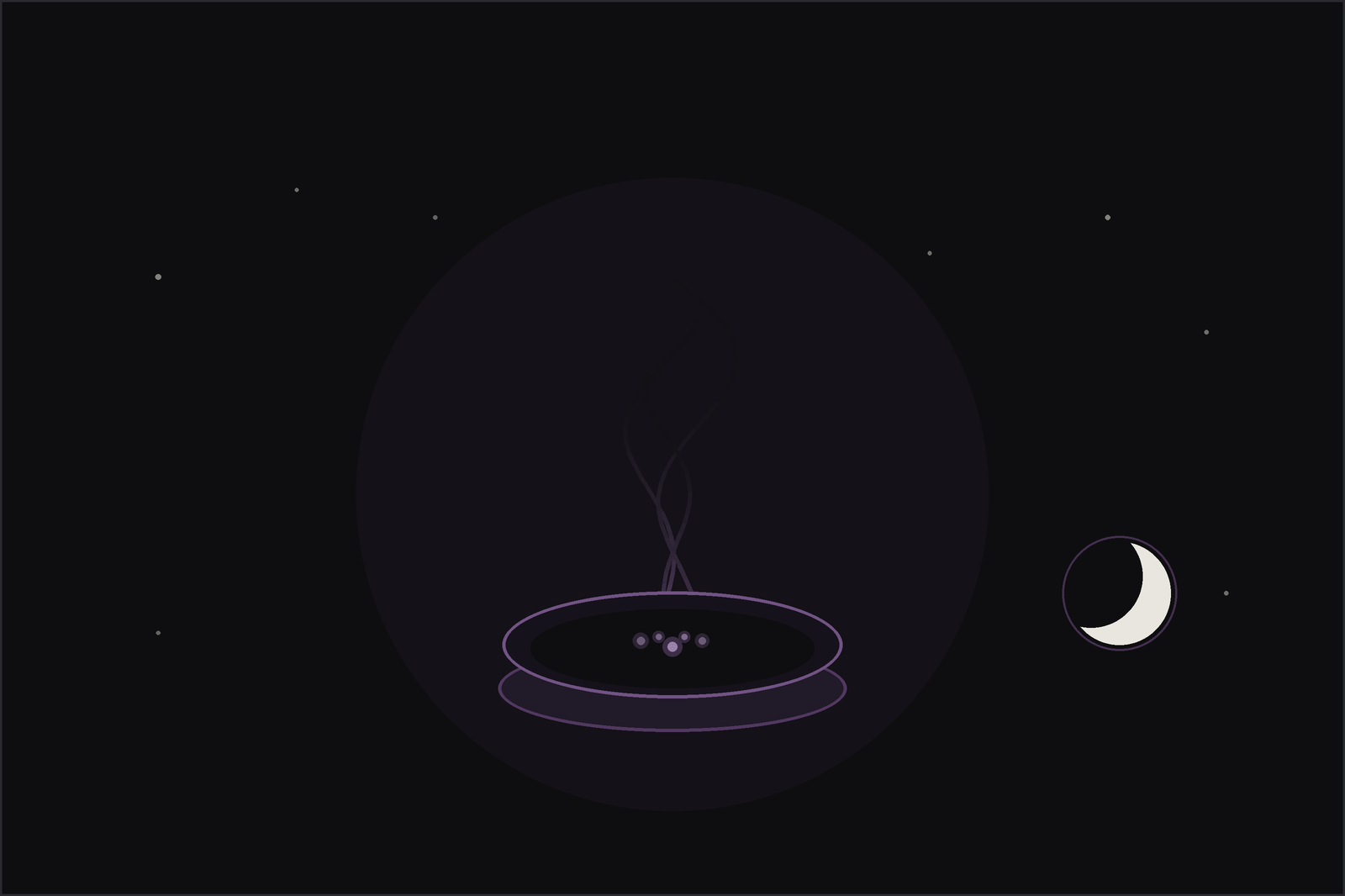 Smoke cleansing: a smouldering bowl sending up ribbons of pale smoke beneath a crescent moon, in the Lunar Haus style