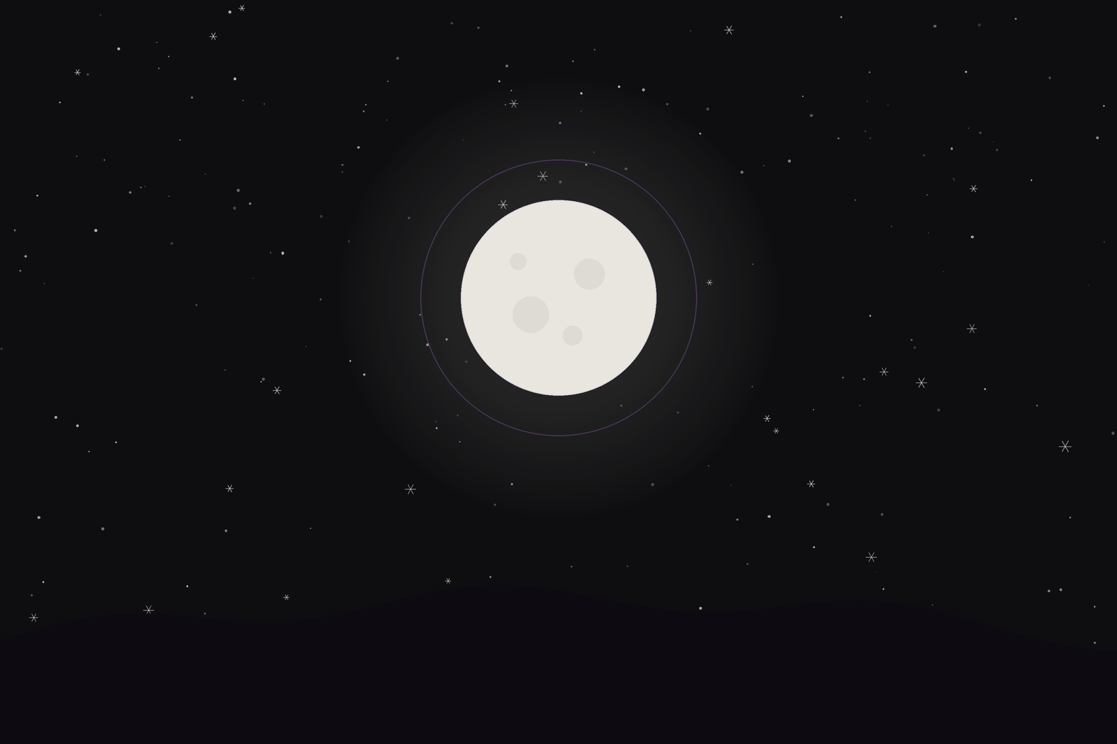 Snow Moon: a full moon over winter hills with snowflakes falling